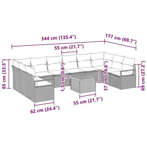 Set Divano Giardino  con Cuscini Grigio Polyrattan in 11 Pezzi, Divano Giardino  per 2 Persone con Cuscini Grigio Polyrattan - Foto 9