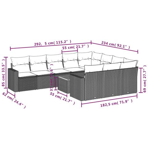 Set Divani da Giardino 11 pz con Cuscini in Polyrattan Grigio - Foto 3