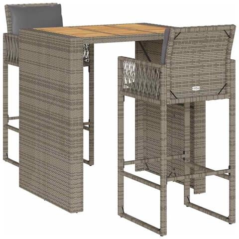 Set Bar da Giardino 3 pz con Cuscini Grigio Polyrattan Acacia - Foto 1