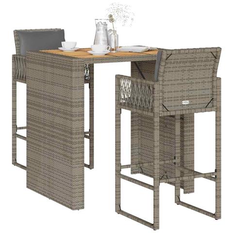 Set Bar da Giardino 3 pz con Cuscini Grigio Polyrattan Acacia - Foto 2
