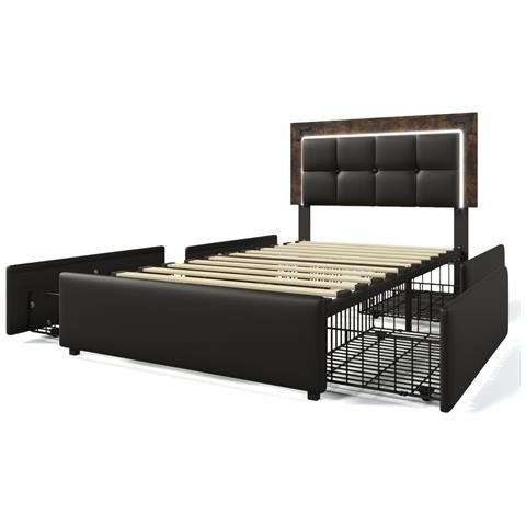Letto Singolo Con Led, Testiera Regolabile E Cassetti In Pu Nero - Foto 2