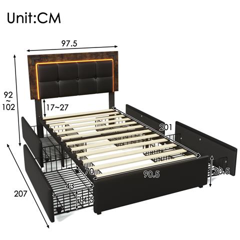 Letto Singolo Con Led, Testiera Regolabile E Cassetti In Pu Nero - Foto 3