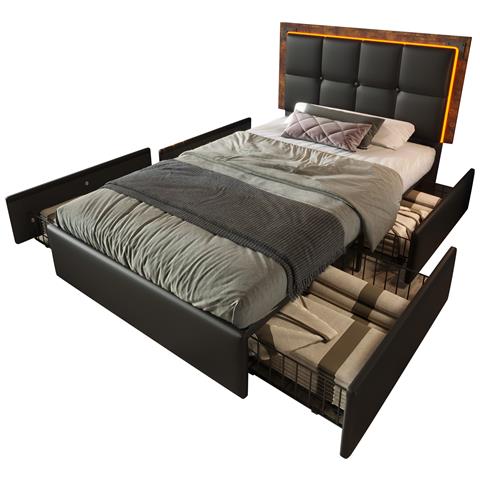 Letto Singolo Con Led, Testiera Regolabile E Cassetti In Pu Nero - Foto 1