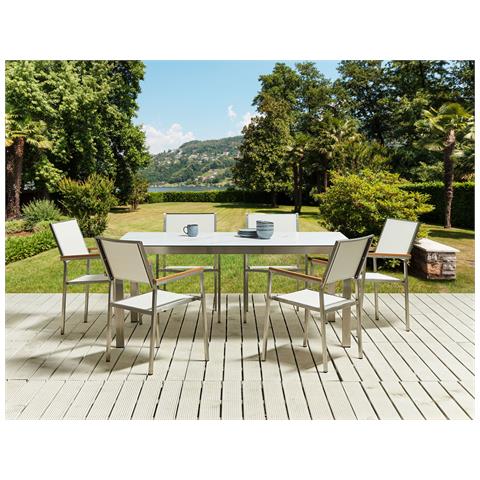 Tavolo Da Giardino Vetro Temperato Effetto Marmo E Acciaio Inox Argento 180 X 90 Cm Cosoleto - Foto 1