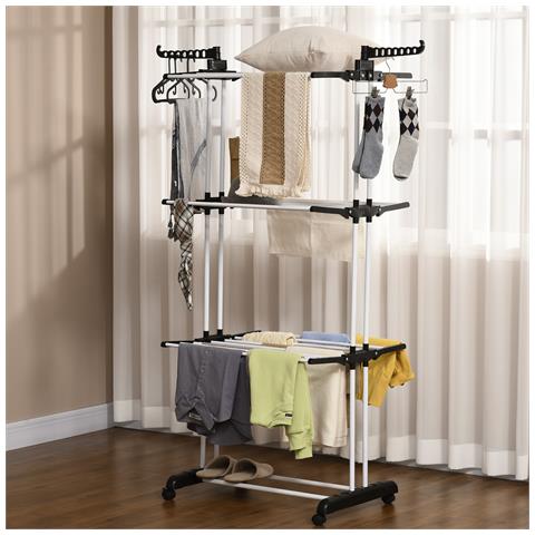 Stendibiancheria Pieghevole A 4 Livelli Con Ali Girevoli E 4 Ruote, In Acciaio E Pp, 73x64x177 Cm, Nero - Foto 6