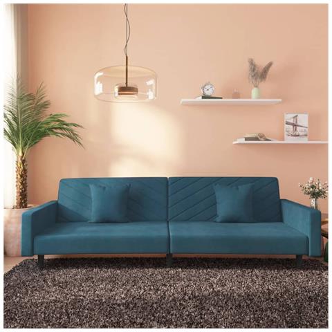 Divano Letto a 2 Posti con 2 Cuscini Blu in Velluto - Foto 2