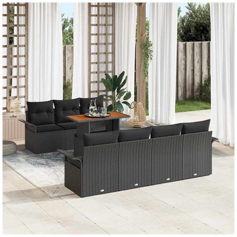 Set di Sofà da Giardino di 8 Pezzi con Cuscini Nero Rattan Polilogico,  Sofà da Giardino per 2 Persone con Ripostiglio e Cuscini Nero Rattan Polilogico - Foto 2