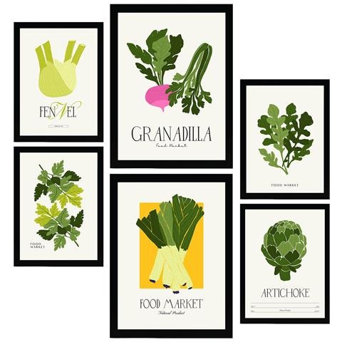 Set Di 6 Stampe Cibo E Nutrizione Verdure Verdi Natura E Stampe Botaniche Per L'interior Design A3 & A4 Senza Cornice - Foto 1