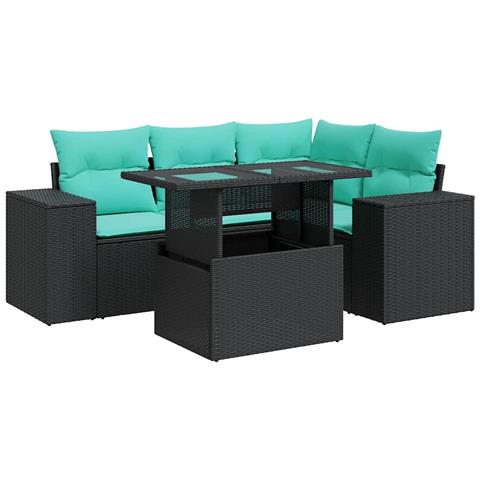 Set Divano da Giardino 5 pz con Cuscini Nero Polyrattan Acacia - Foto 1