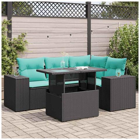 Set Divano da Giardino 5 pz con Cuscini Nero Polyrattan Acacia - Foto 2