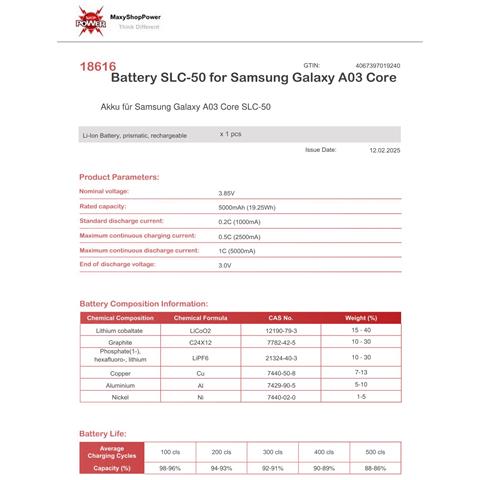 Oem Batteria Testata Ricambio Pari Originale Slc-50 Per Samsung Galaxy A03 Core Sm-a032 - Foto 2