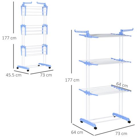 Stendibiancheria Pieghevole A 4 Livelli Con Ali Girevoli E 4 Ruote, In Acciaio E Pp, 73x64x177 Cm, Bianco E Argento - Foto 2