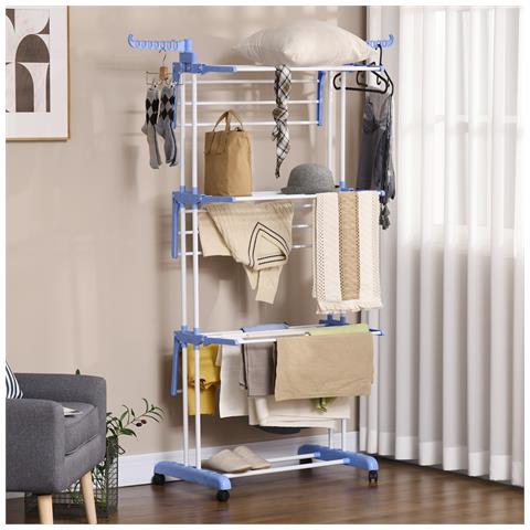 Stendibiancheria Pieghevole A 4 Livelli Con Ali Girevoli E 4 Ruote, In Acciaio E Pp, 73x64x177 Cm, Bianco E Argento - Foto 6