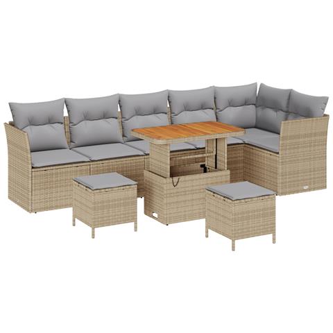 Set di divani da giardino 9 pezzi con cuscini Beige Polyrattan Acacia, Set da pranzo da giardino 3 pezzi con cuscini Beige Polyrattan Acacia - Foto 1