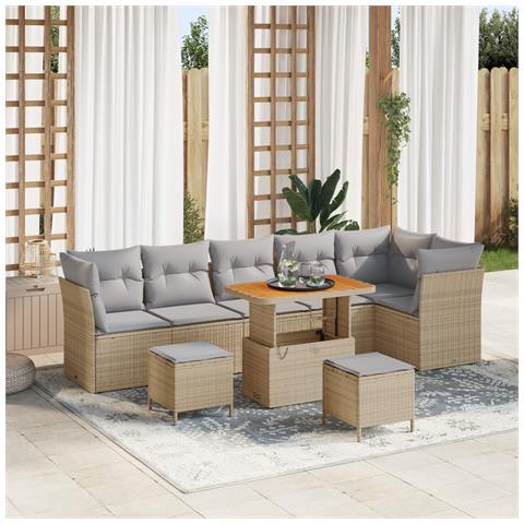 Set di divani da giardino 9 pezzi con cuscini Beige Polyrattan Acacia, Set da pranzo da giardino 3 pezzi con cuscini Beige Polyrattan Acacia - Foto 2