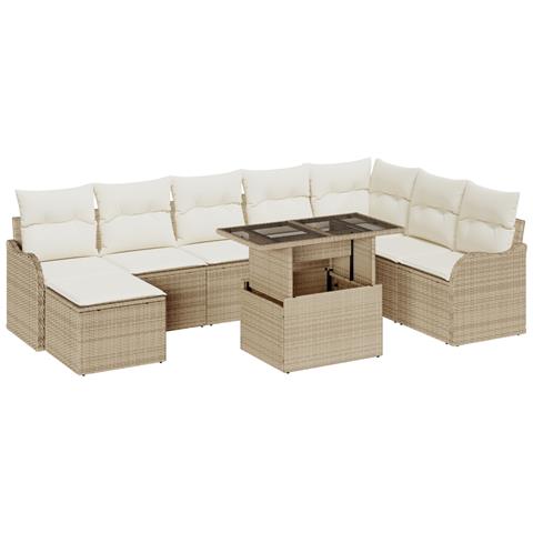 Set di Divani da Giardino da 9 Pezzi con Cuscini Beige in Poli Rattan, Divano da Giardino a 2 Posti con Cuscini Beige in Poli Rattan - Foto 1