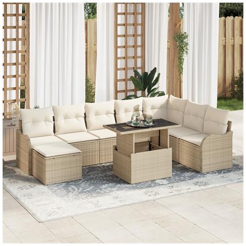 Set di Divani da Giardino da 9 Pezzi con Cuscini Beige in Poli Rattan, Divano da Giardino a 2 Posti con Cuscini Beige in Poli Rattan - Foto 2