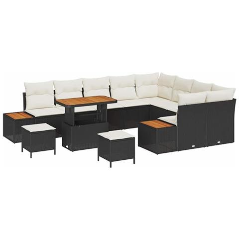 Set Divano Giardino  da 12 Pezzi con Cuscini Rattan Nero Acacia, Set Tavolo Giardino  da 3 Pezzi con Cuscini Rattan Nero Acacia - Foto 1
