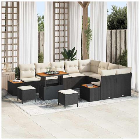 Set Divano Giardino  da 12 Pezzi con Cuscini Rattan Nero Acacia, Set Tavolo Giardino  da 3 Pezzi con Cuscini Rattan Nero Acacia - Foto 2