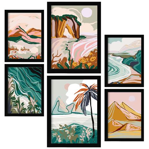 Set Di 6 Stampe Natura Complessa 3 In Sfondi Astratti Dipinti Decorativi Estetici Per Il Tuo Soggiorno Di Casa A3 & A4 Cornice Nera - Foto 1