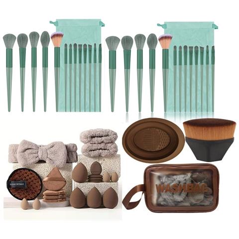 Set Di 26 Pennelli Trucco Con Spugne, Piumini E Fascia - Verde Caffè - Foto 1