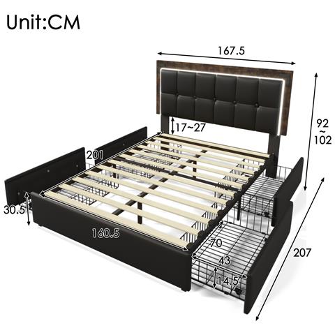Letto Matrimoniale Con Led, Testata Regolabile E Cassetti In Pu Nero - Foto 2