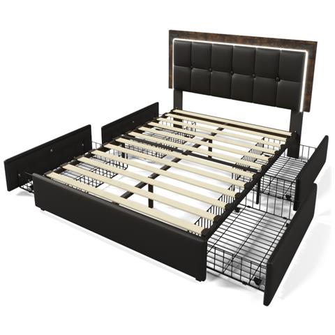 Letto Matrimoniale Con Led, Testata Regolabile E Cassetti In Pu Nero - Foto 3