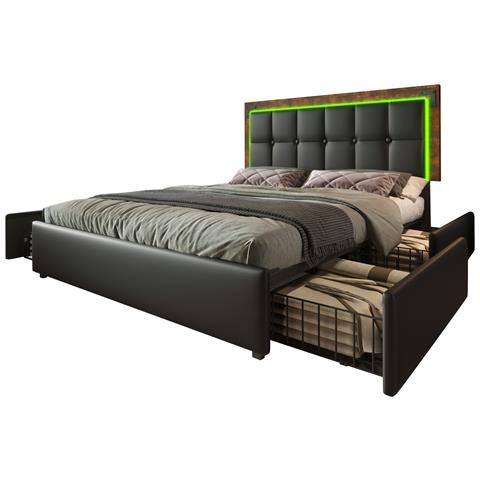 Letto Matrimoniale Con Led, Testata Regolabile E Cassetti In Pu Nero - Foto 1