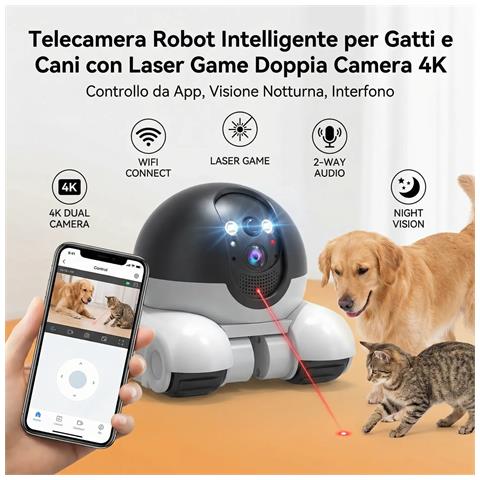 Telecamera Robot Intelligente Per Gatti E Cani Con Laser Game Doppia Camera 4k - Controllo Da App, Visione Notturna, Interfono - Foto 4