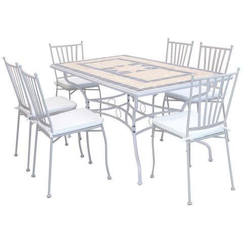 Set Tavolo Giardino Rettangolare Fisso Con Piano In Mosaico 160 X 90 Con 6 Sedie In Ferro Tortora Per Esterno - Foto 1