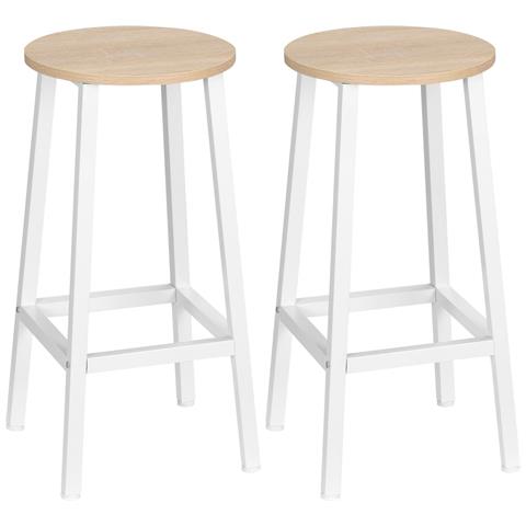 Set 2 Sgabelli Da Cucina In Truciolato E Acciaio Con Piano Liscio E Poggiapiedi, 32.5x32.5x65 Cm, Bianco E Legno - Foto 1