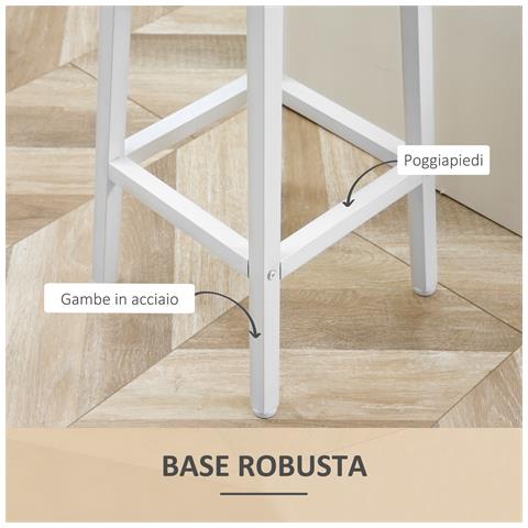 Set 2 Sgabelli Da Cucina In Truciolato E Acciaio Con Piano Liscio E Poggiapiedi, 32.5x32.5x65 Cm, Bianco E Legno - Foto 2