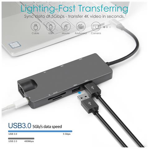 Hub Usb-c 9 In 1 Con Usb 3.0, Hdmi, Rj45, Lettore Di Schede Sd /tf, Pd Da 100 W, Vga - Foto 5