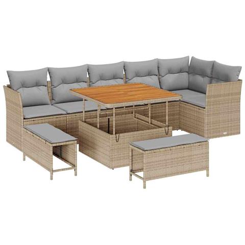 Set di divani da giardino 9 Pezzi con cuscini Beige Polyrattan Acacia, Set da pranzo da giardino 3 Pezzi con cuscini Beige Polyrattan Acacia - Foto 1