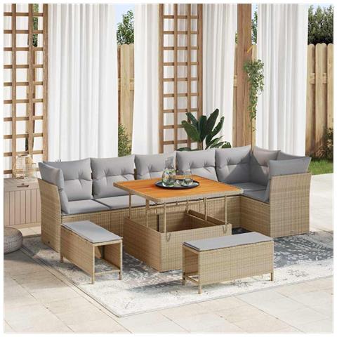Set di divani da giardino 9 Pezzi con cuscini Beige Polyrattan Acacia, Set da pranzo da giardino 3 Pezzi con cuscini Beige Polyrattan Acacia - Foto 2