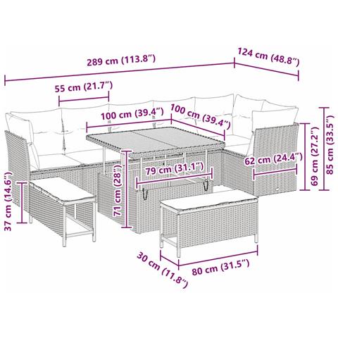 Set di divani da giardino 9 Pezzi con cuscini Beige Polyrattan Acacia, Set da pranzo da giardino 3 Pezzi con cuscini Beige Polyrattan Acacia - Foto 9