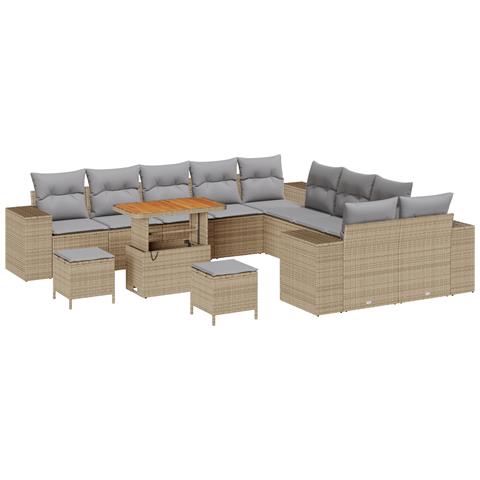 Set Divano Giardino  da 13 Pezzi con Cuscini Beige Polyrattan Acacia, Set da Pranzo Giardino  da 3 Pezzi con Cuscini Beige Polyrattan Acacia - Foto 1