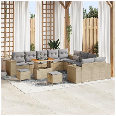 Set Divano Giardino  da 13 Pezzi con Cuscini Beige Polyrattan Acacia, Set da Pranzo Giardino  da 3 Pezzi con Cuscini Beige Polyrattan Acacia - Foto 2
