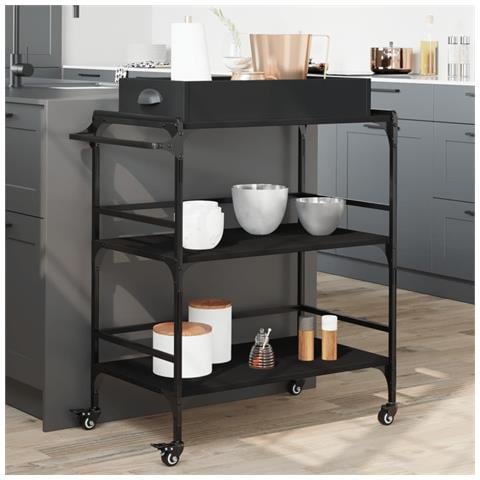 Carrello da Cucina Nero 81,5x41x92,5 cm in Legno Multistrato - Foto 2