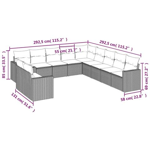 Set Divani da Giardino 11 pz con Cuscini in Polyrattan Grigio - Foto 3