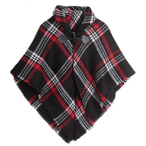 Elegante Scialle A Mantella In Finto Cashmere A Quadri Con Fibbia A Corno Black - Foto 1