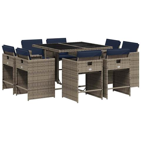 Set da pranzo da giardino da 9 pz con Cuscini in Polyrattan Grigio - Foto 1