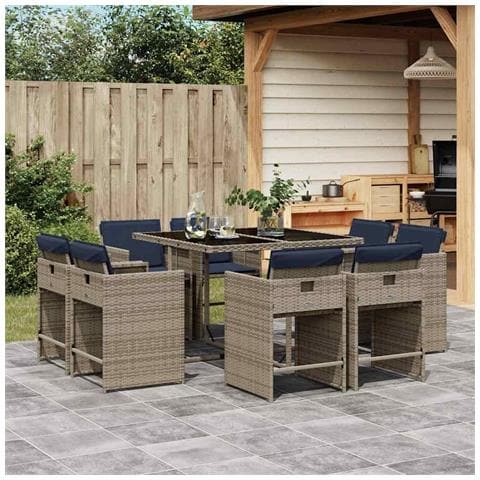 Set da pranzo da giardino da 9 pz con Cuscini in Polyrattan Grigio - Foto 2