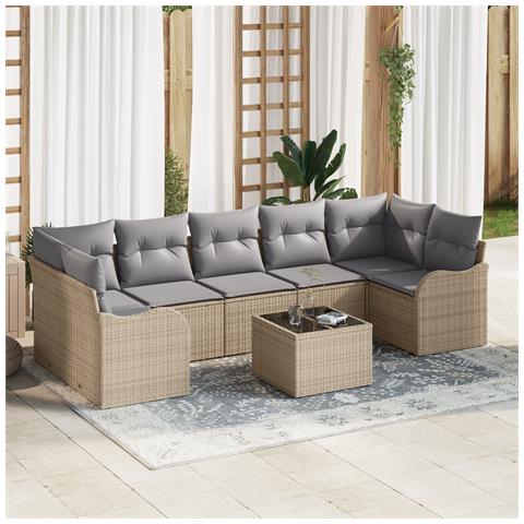 Set Divano da Giardino  8 Pezzi con Cuscini Beige Polyrattan, Divano da Giardino  2 Posti con Cuscini Beige Polyrattan - Foto 2