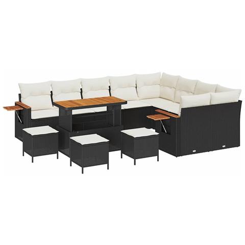 Set Divano Giardino  da 13 Pezzi con Cuscini Nero Polyrattan Acacia, Set Pranzo Giardino  da 4 Pezzi con Cuscini Nero Polyrattan Acacia - Foto 1
