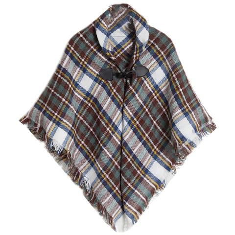 Elegante Scialle A Mantella In Finto Cashmere A Quadri Con Fibbia A Corno White+brown - Foto 1