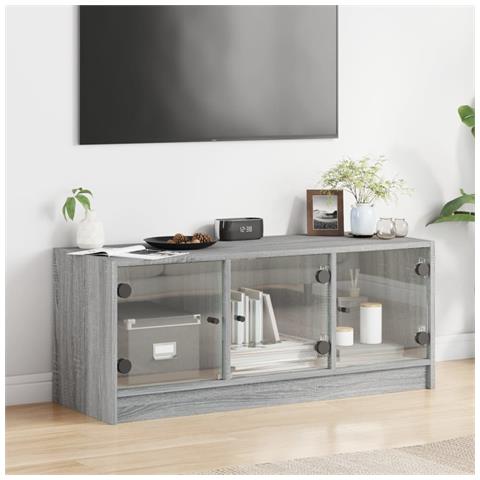 Mobile Porta Tv Con Ante In Vetro Grigio Sonoma 102x37x42 Cm - Foto 3