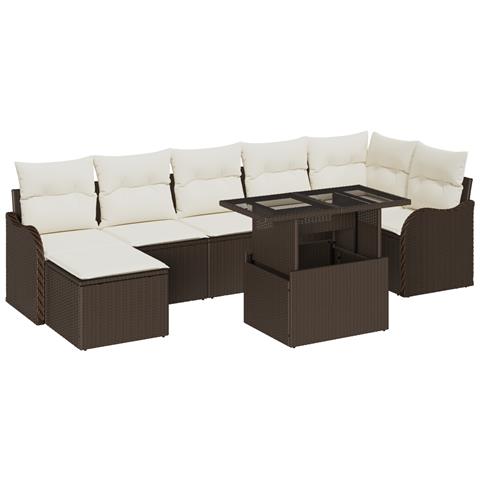 Set di divani da giardino 8 pezzi cuscini Marrone Polyrattan, Divano giardino 2 posti cuscini Marrone Polyrattan - Foto 1