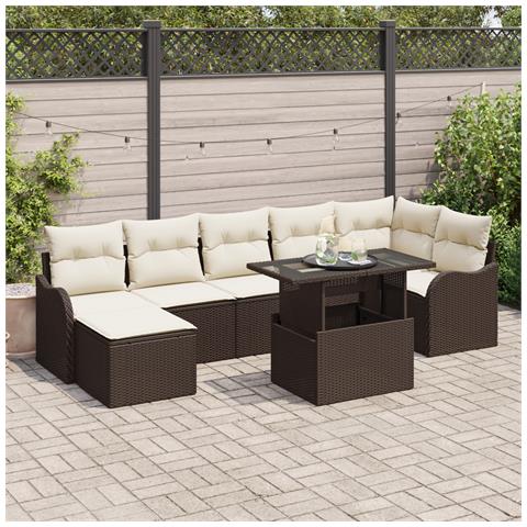 Set di divani da giardino 8 pezzi cuscini Marrone Polyrattan, Divano giardino 2 posti cuscini Marrone Polyrattan - Foto 2