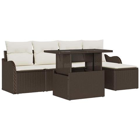 Set divano giardino da 6 pezzi con cuscini in rattan polietilene marrone, Divano giardino a 2 posti con storage e cuscini in rattan polietilene marrone - Foto 1
